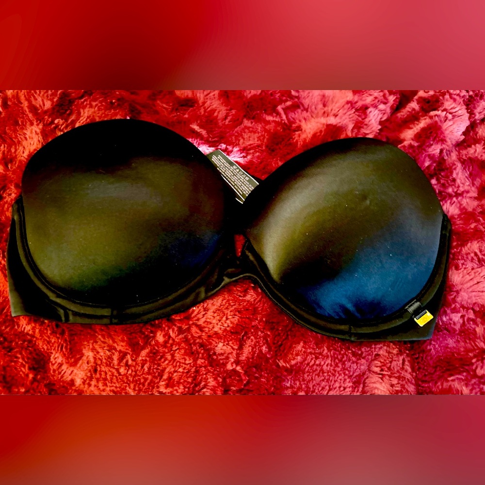 EUC Victoria's Secret Black Satin Strapless Bra with Rhinestone Accent Sz 34D
